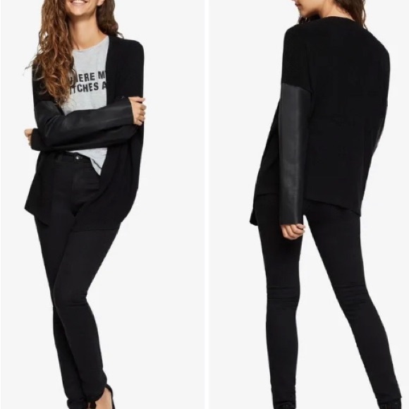 BCBGeneration Sweaters - BCBGeneration Faux Leather Sleeves Open Cardigan Sweater